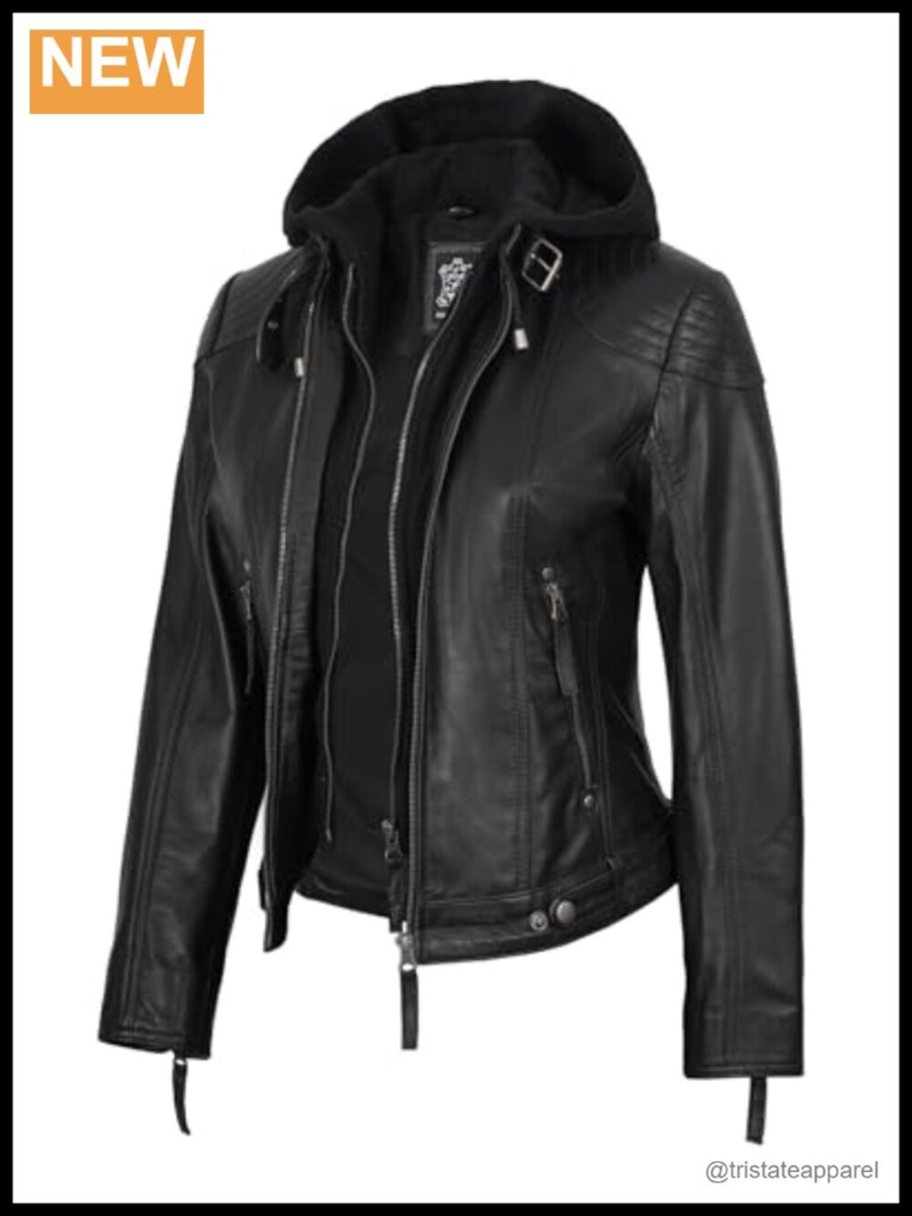 Real Lambskin Leather Jacket Women Detachable Hood Zip Pockets